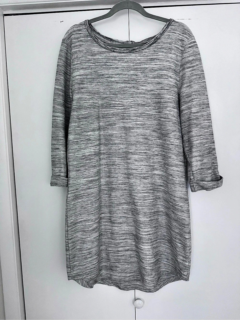 Gap Grey Heathered Textured Shift Dress Exposed Zipper 3/4 Cuff Sleeve Size L